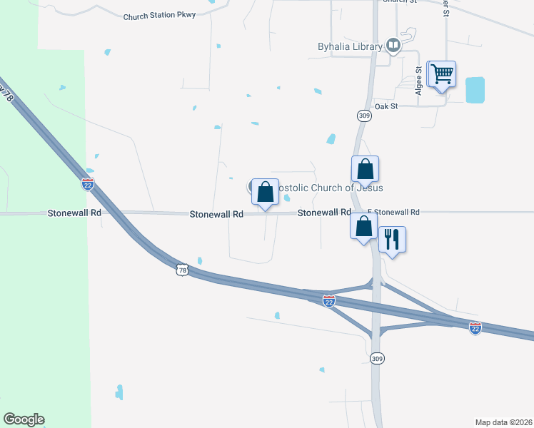 map of restaurants, bars, coffee shops, grocery stores, and more near 61 Stonewall Road in Byhalia
