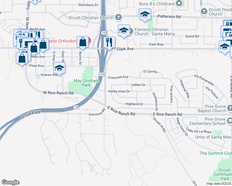 map of restaurants, bars, coffee shops, grocery stores, and more near 214 Mountain View Drive in Santa Maria