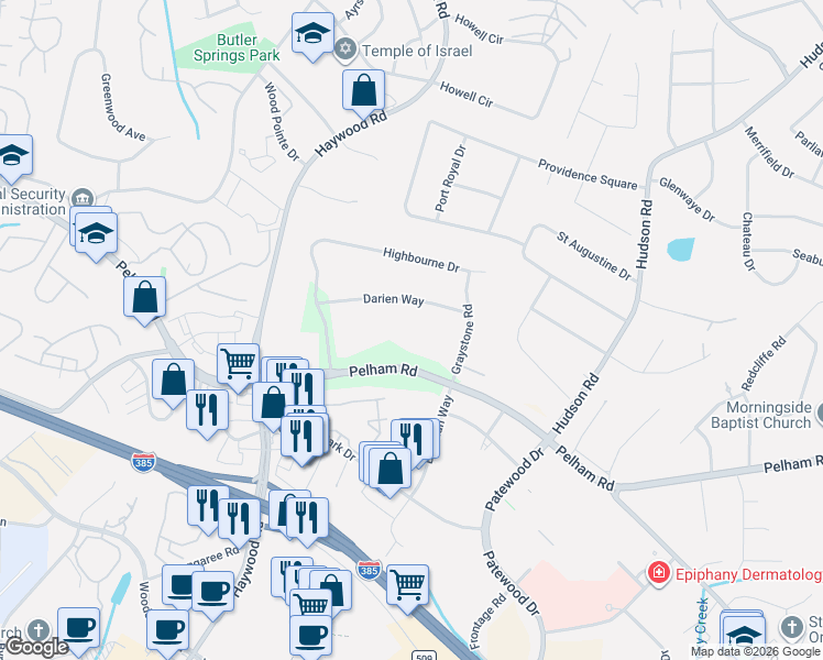 map of restaurants, bars, coffee shops, grocery stores, and more near 621 Pelham Road in Greenville