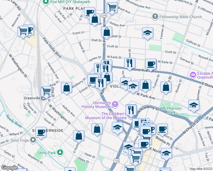 map of restaurants, bars, coffee shops, grocery stores, and more near 100 U.S. 276 in Greenville