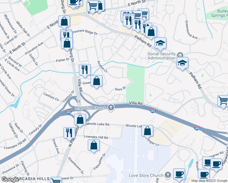 map of restaurants, bars, coffee shops, grocery stores, and more near 12 Dera Street in Greenville