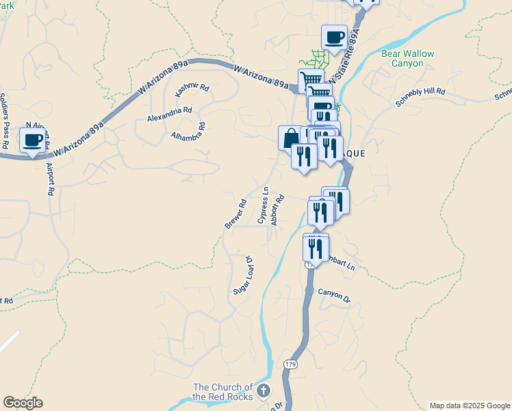 map of restaurants, bars, coffee shops, grocery stores, and more near 440 Brewer Road in Sedona