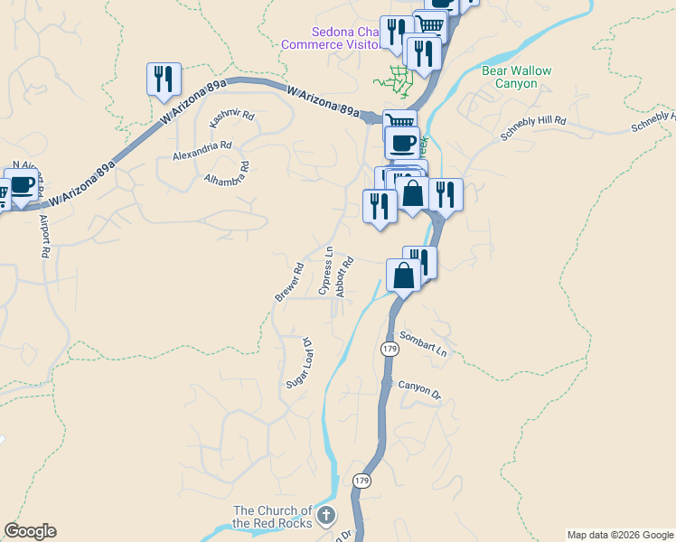 map of restaurants, bars, coffee shops, grocery stores, and more near 45 Abbott Rd in Sedona