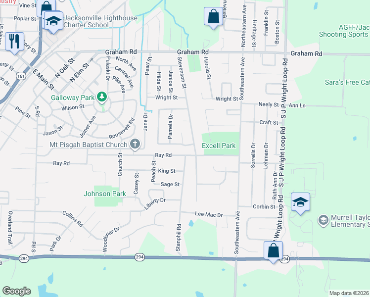 map of restaurants, bars, coffee shops, grocery stores, and more near 800 South Towering Oaks Drive in Jacksonville