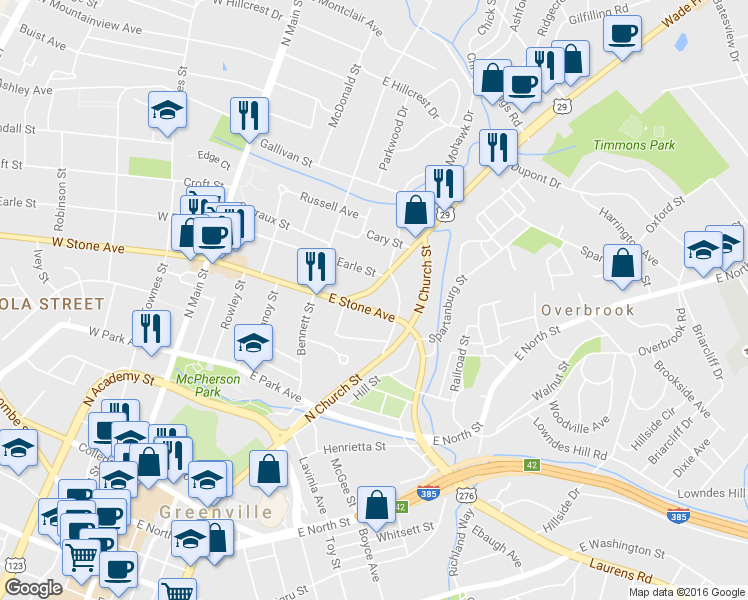 map of restaurants, bars, coffee shops, grocery stores, and more near 2 Wade Hampton Boulevard in Greenville