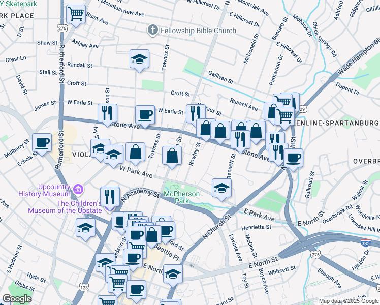 map of restaurants, bars, coffee shops, grocery stores, and more near 31 Rowley Street in Greenville