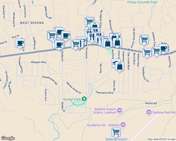 map of restaurants, bars, coffee shops, grocery stores, and more near 101 Morning Sun Drive in Sedona