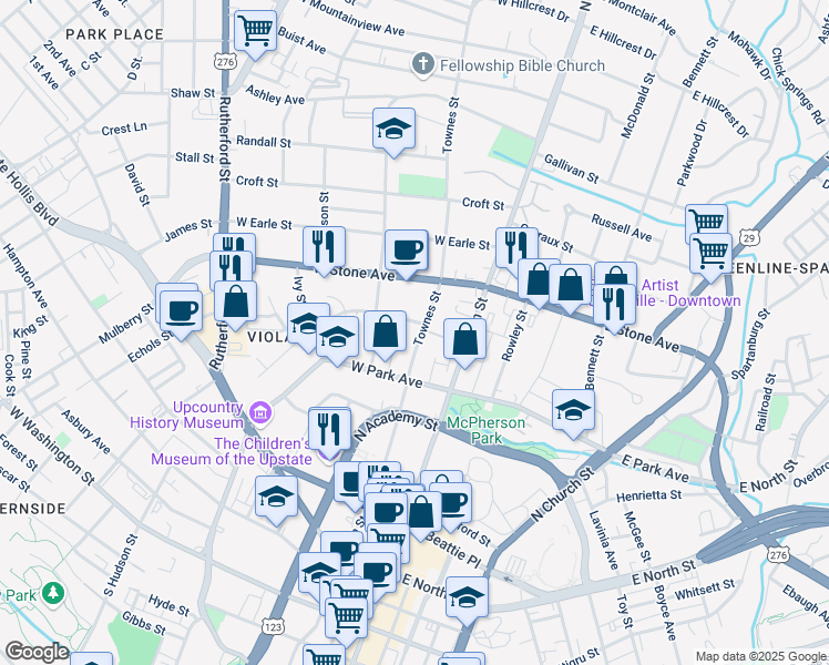 map of restaurants, bars, coffee shops, grocery stores, and more near 416 Townes Street in Greenville