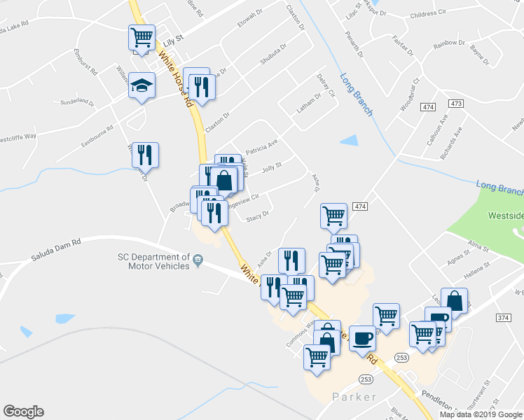 map of restaurants, bars, coffee shops, grocery stores, and more near 21 Stacy Drive in Greenville