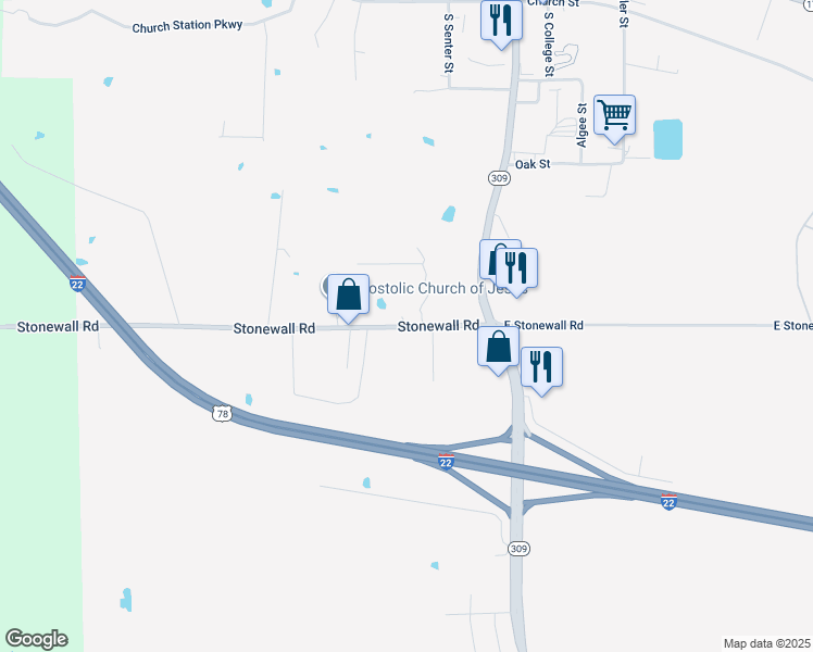map of restaurants, bars, coffee shops, grocery stores, and more near 150 Stonewall Road in Byhalia