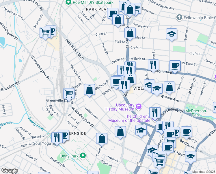 map of restaurants, bars, coffee shops, grocery stores, and more near 7 Jay Street in Greenville