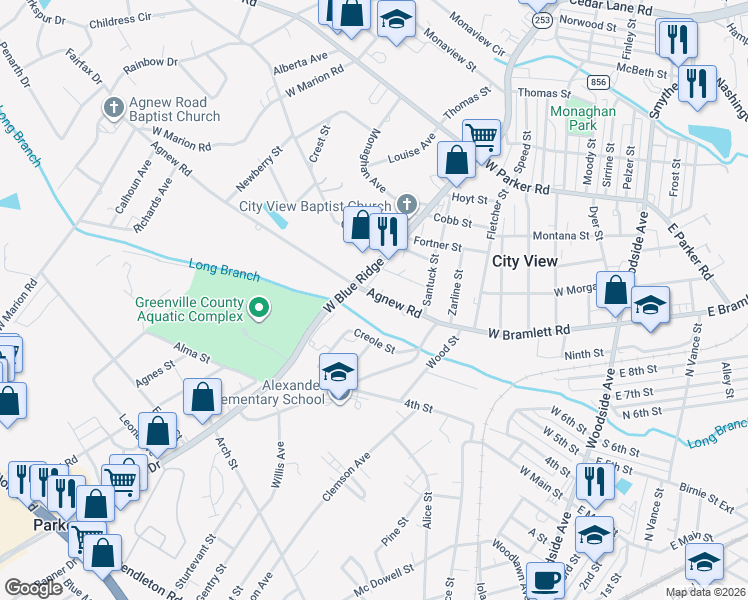 map of restaurants, bars, coffee shops, grocery stores, and more near 33 Agnew Road in Greenville