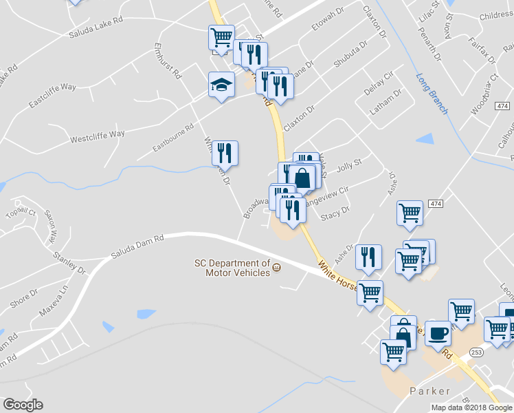 map of restaurants, bars, coffee shops, grocery stores, and more near 13 Broadway Drive in Greenville