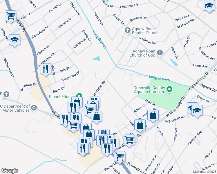 map of restaurants, bars, coffee shops, grocery stores, and more near 109 Marbella Circle in Greenville