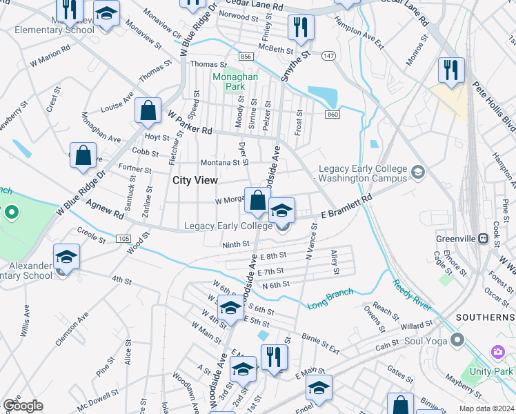 map of restaurants, bars, coffee shops, grocery stores, and more near 1013 Woodside Avenue in Greenville