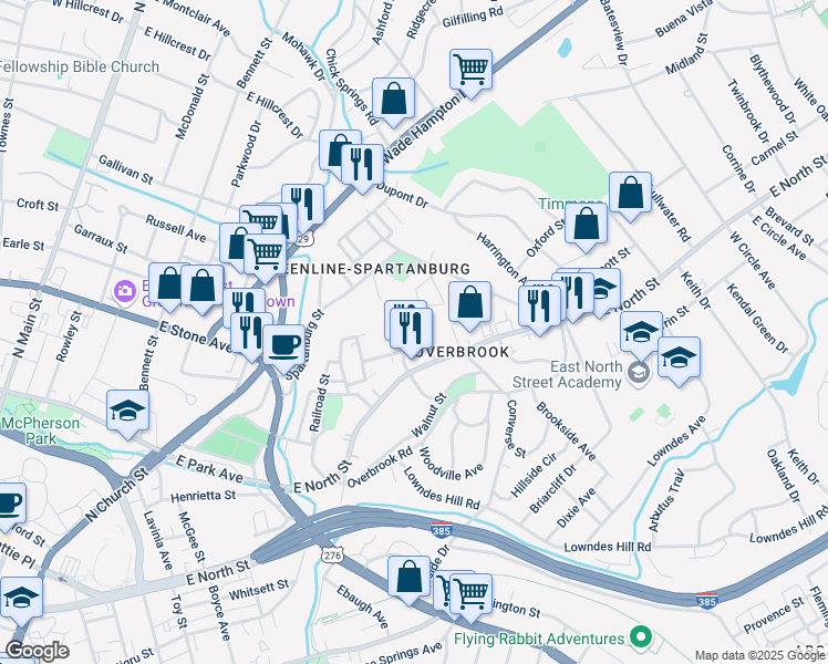 map of restaurants, bars, coffee shops, grocery stores, and more near 17 Chestnut Street in Greenville