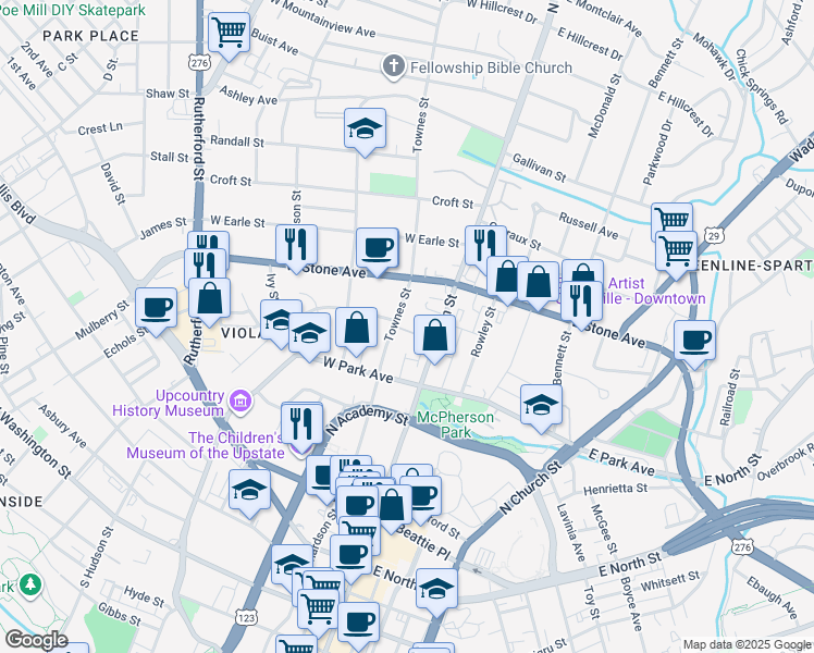 map of restaurants, bars, coffee shops, grocery stores, and more near 623 North Main Street in Greenville
