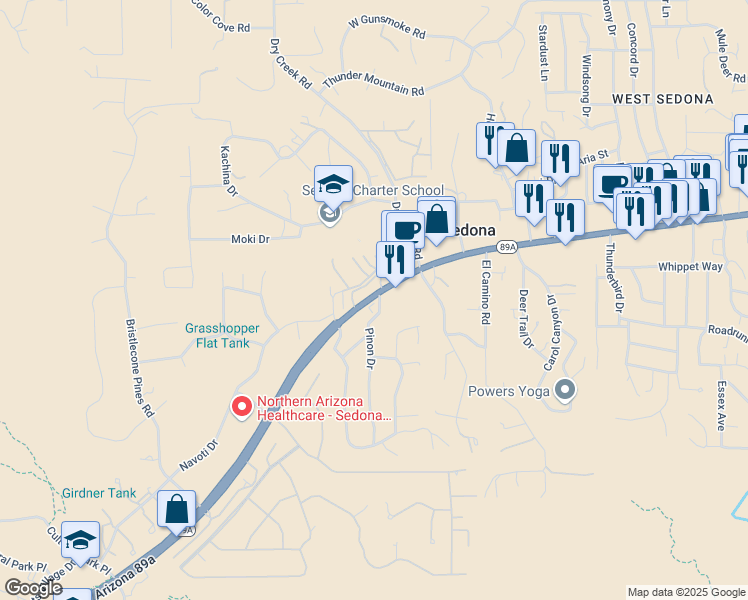 map of restaurants, bars, coffee shops, grocery stores, and more near 5 Pinon Drive in Sedona