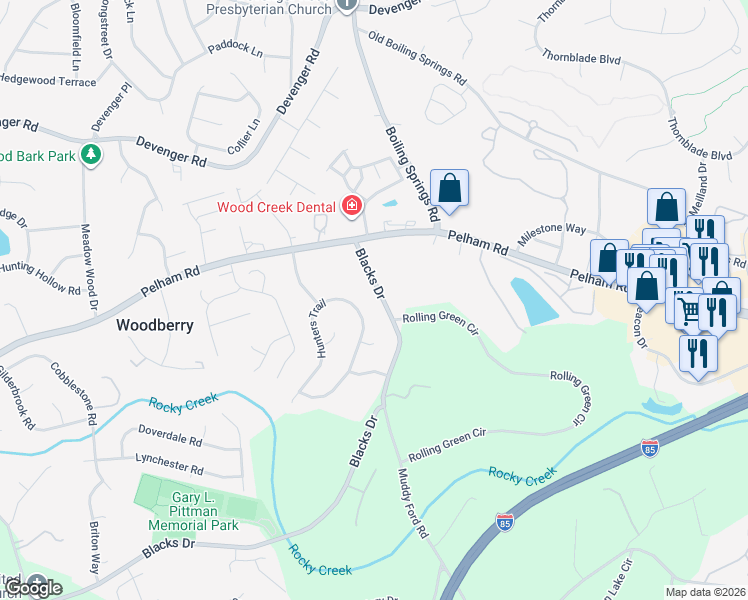 map of restaurants, bars, coffee shops, grocery stores, and more near 408 Hunters Trail in Greenville