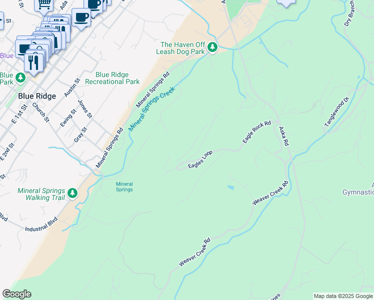map of restaurants, bars, coffee shops, grocery stores, and more near 299 Eagles Nest Mountain Road in Blue Ridge