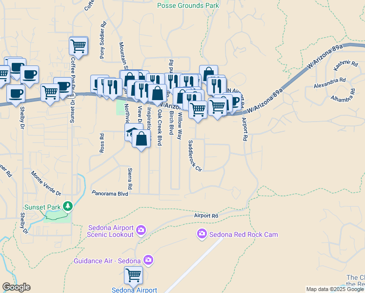 map of restaurants, bars, coffee shops, grocery stores, and more near 180 Willow Way in Sedona