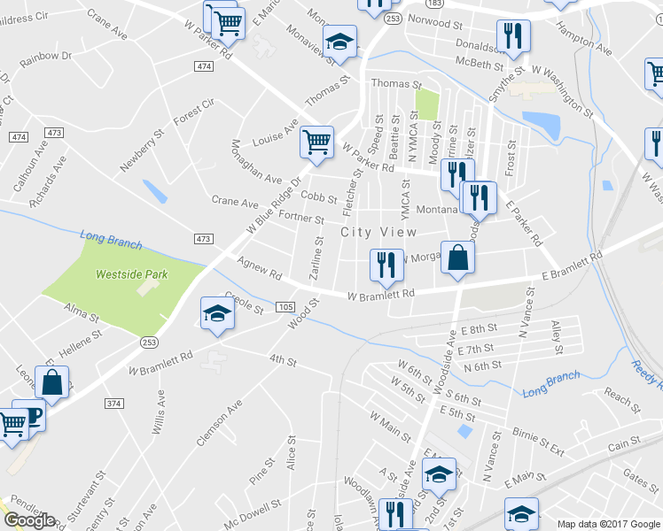 map of restaurants, bars, coffee shops, grocery stores, and more near 13 Fletcher Street in Greenville