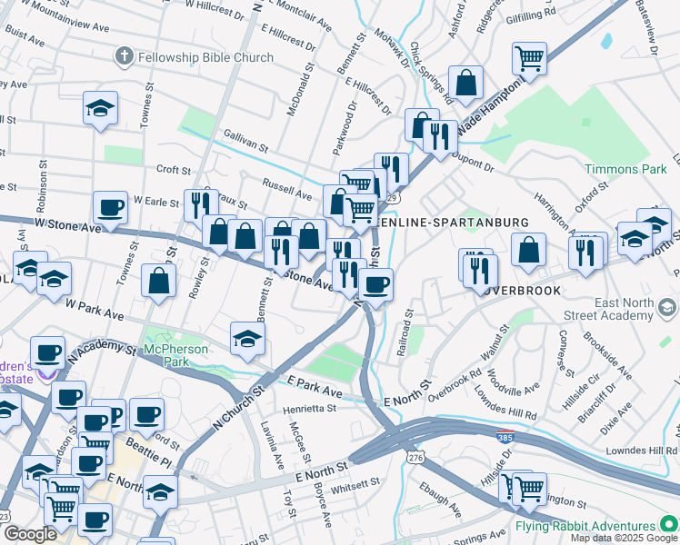 map of restaurants, bars, coffee shops, grocery stores, and more near 503 East Stone Avenue in Greenville