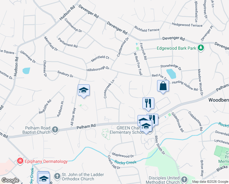 map of restaurants, bars, coffee shops, grocery stores, and more near 13 Eagle Ridge Lane in Greenville