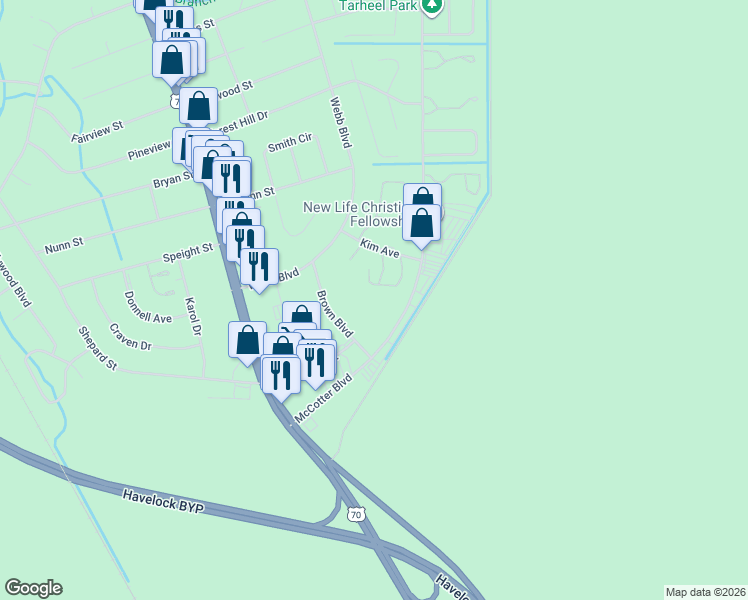 map of restaurants, bars, coffee shops, grocery stores, and more near 165 Brown Boulevard in Havelock