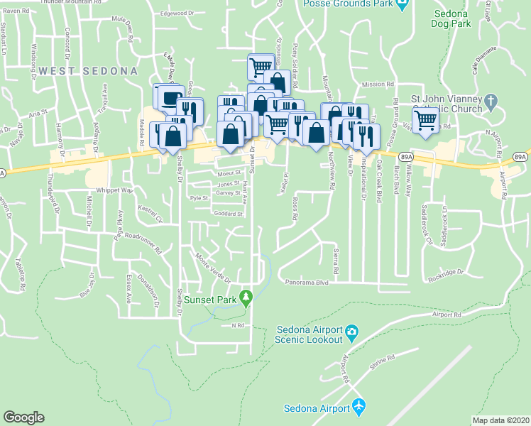 map of restaurants, bars, coffee shops, grocery stores, and more near 101 Morning Sun Drive in Sedona