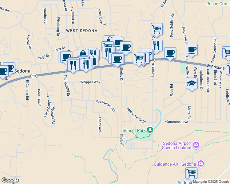 map of restaurants, bars, coffee shops, grocery stores, and more near 1923 Kestrel Circle in Sedona