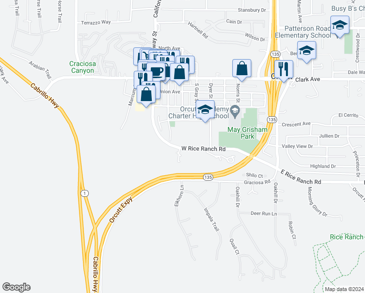 map of restaurants, bars, coffee shops, grocery stores, and more near 650 West Rice Ranch Road in Santa Maria
