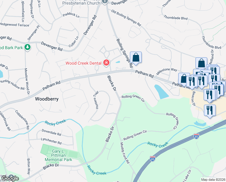 map of restaurants, bars, coffee shops, grocery stores, and more near 408 Hunters Trail in Greenville
