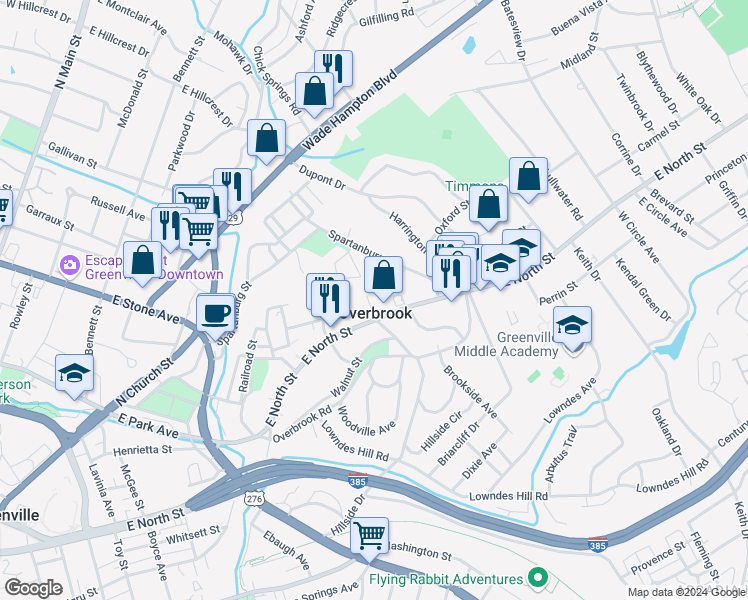 map of restaurants, bars, coffee shops, grocery stores, and more near 5 Cabot Court in Greenville