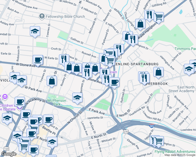 map of restaurants, bars, coffee shops, grocery stores, and more near 2 Wade Hampton Boulevard in Greenville