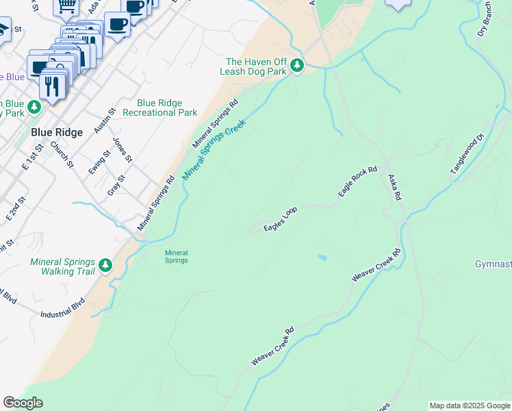 map of restaurants, bars, coffee shops, grocery stores, and more near 299 Eagles Nest Mountain Road in Blue Ridge