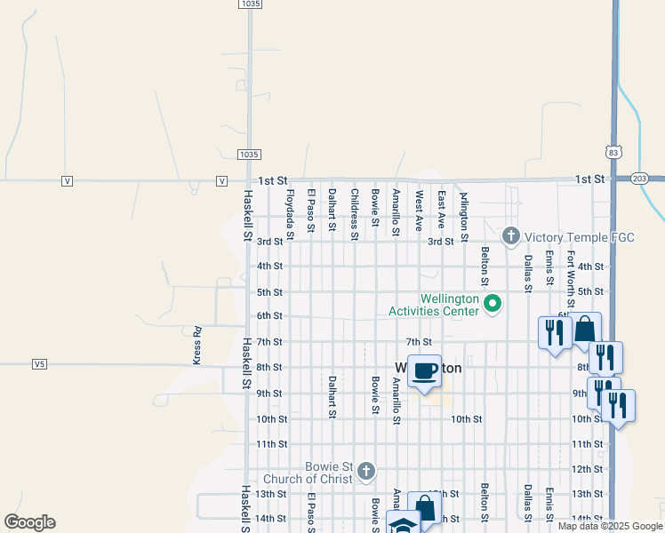 map of restaurants, bars, coffee shops, grocery stores, and more near 501 4th Street in Wellington