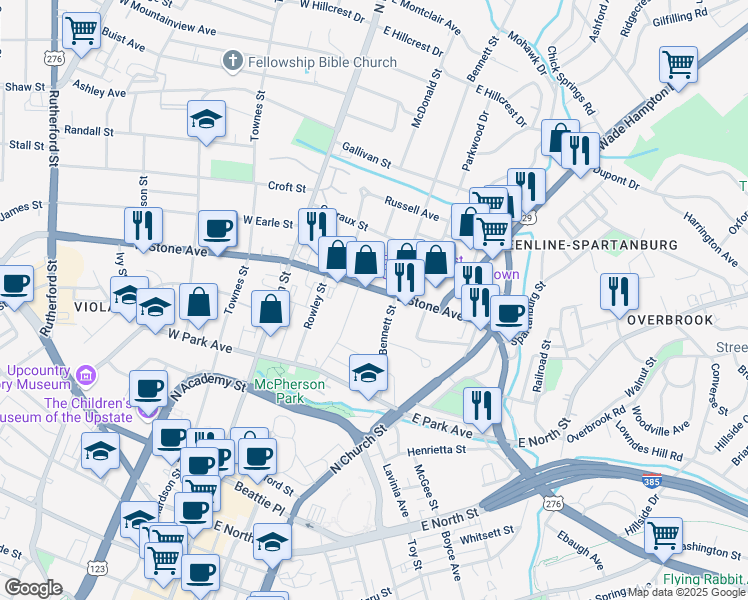map of restaurants, bars, coffee shops, grocery stores, and more near 125 Bennett Street in Greenville
