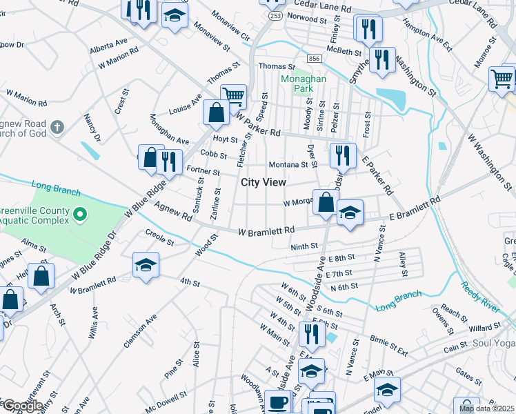 map of restaurants, bars, coffee shops, grocery stores, and more near 15 McDade Street in Greenville