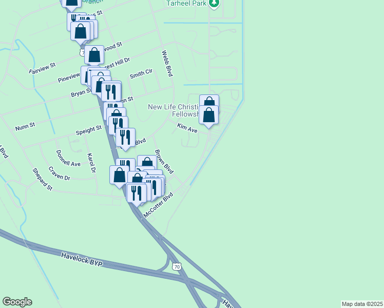 map of restaurants, bars, coffee shops, grocery stores, and more near 173 Brown Boulevard in Havelock