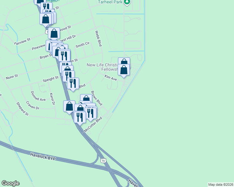 map of restaurants, bars, coffee shops, grocery stores, and more near 254 McCotter Boulevard in Havelock