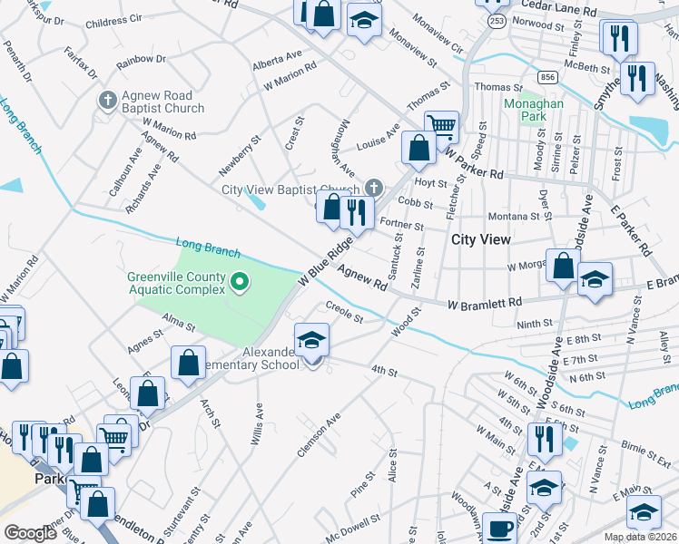 map of restaurants, bars, coffee shops, grocery stores, and more near 33 Agnew Road in Greenville