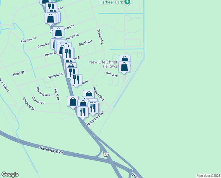map of restaurants, bars, coffee shops, grocery stores, and more near 165 Brown Boulevard in Havelock