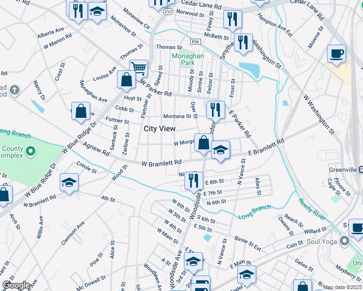 map of restaurants, bars, coffee shops, grocery stores, and more near 407 West Morgan Street in Greenville