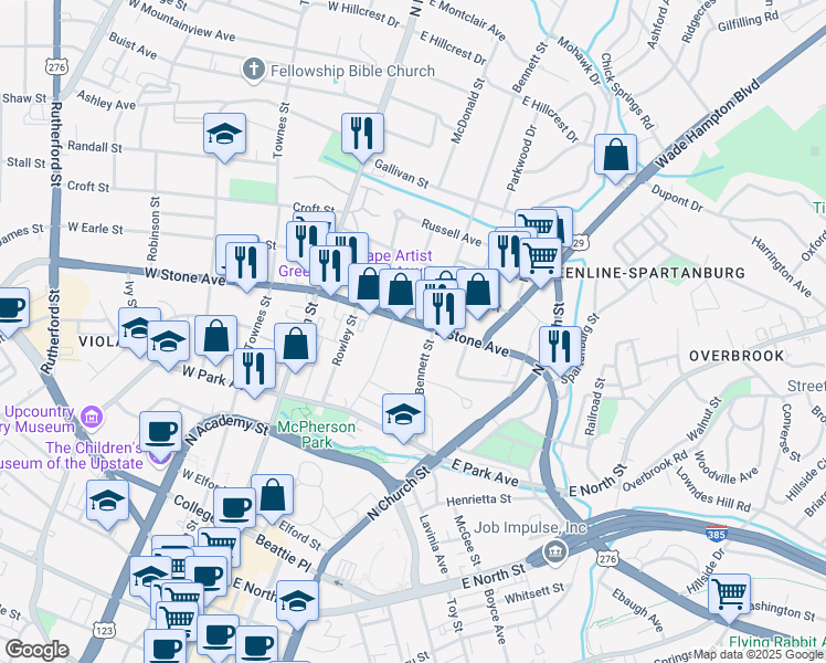 map of restaurants, bars, coffee shops, grocery stores, and more near 125 Bennett Street in Greenville