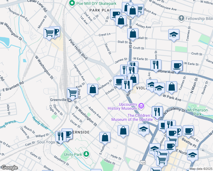 map of restaurants, bars, coffee shops, grocery stores, and more near 310 Mulberry Street in Greenville