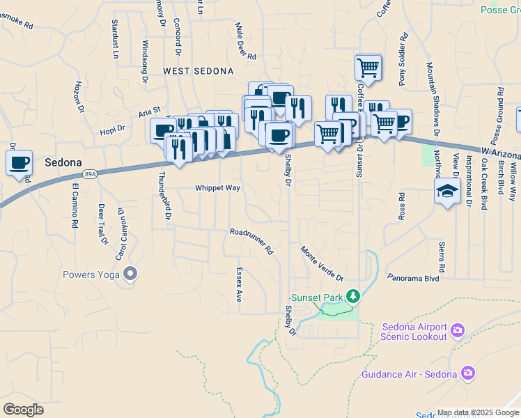 map of restaurants, bars, coffee shops, grocery stores, and more near 1923 Kestrel Circle in Sedona