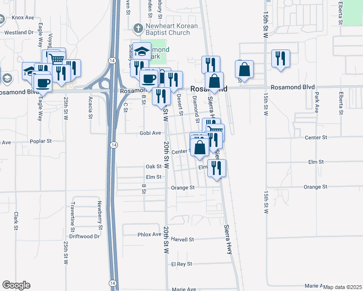 map of restaurants, bars, coffee shops, grocery stores, and more near 2725 Desert Street in Rosamond