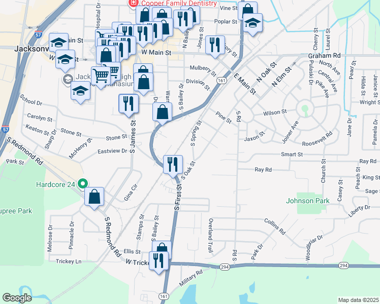 map of restaurants, bars, coffee shops, grocery stores, and more near 626 South Oak Street in Jacksonville