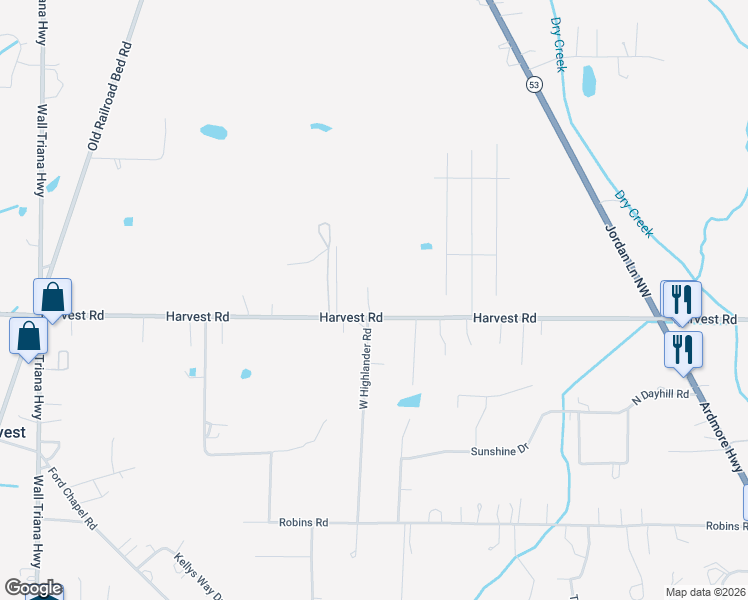 map of restaurants, bars, coffee shops, grocery stores, and more near 639 Harvest Road in Harvest